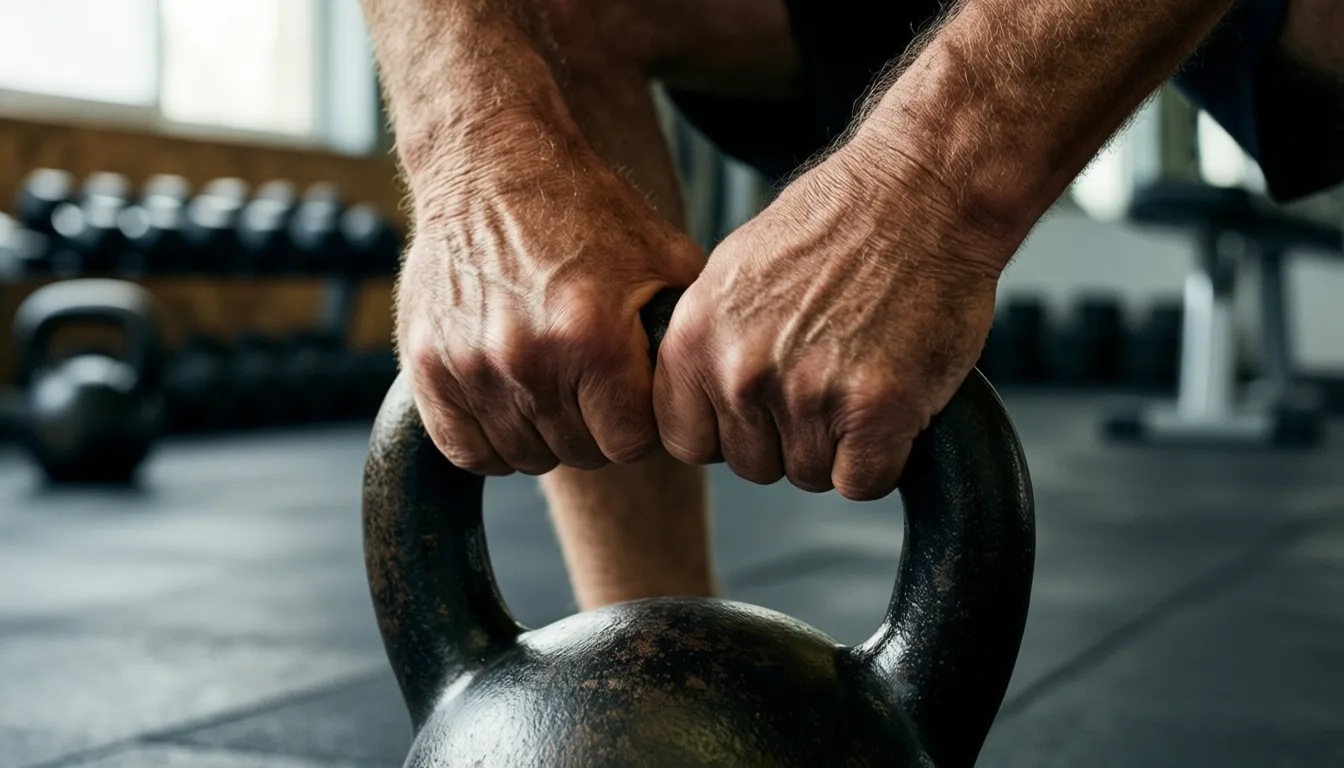 Older man's hands gripping a kettlebell