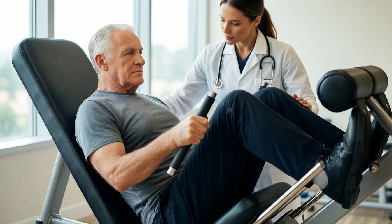 Older man on a knee extension machine with a clinician