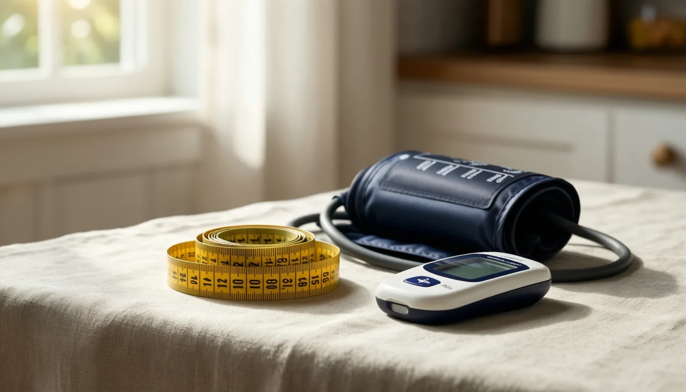 Tape measure, blood pressure cuff and glucose meter on linen