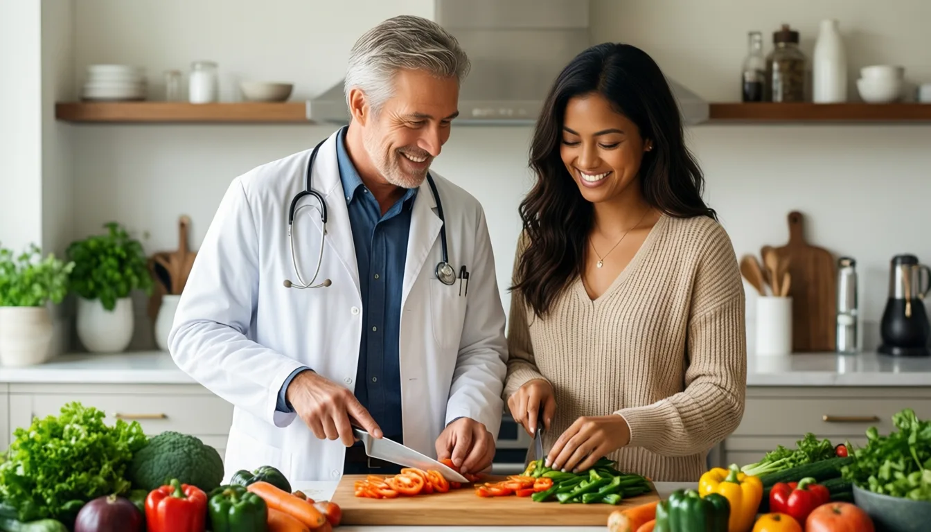 older man and adult daughter cooking together