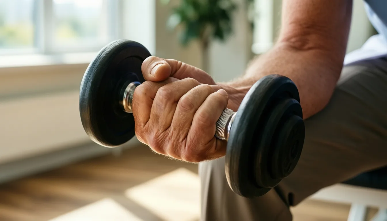 Older adult's hands holding a small dumbbell during exercise