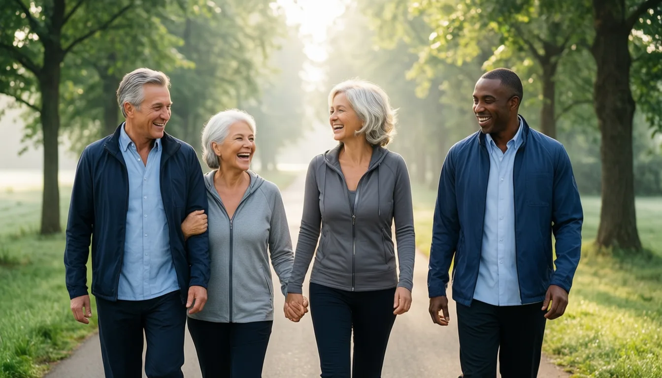 Multigenerational group walking together on a tree-lined path