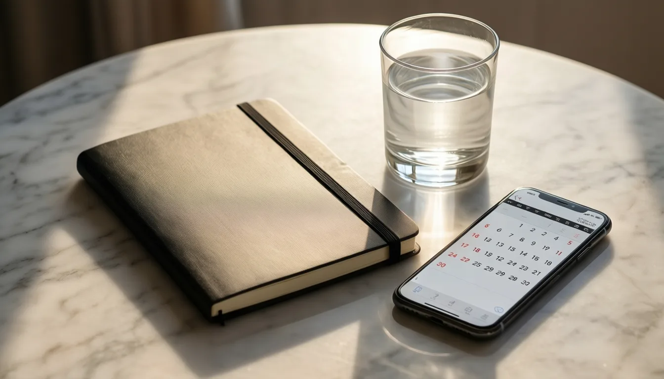 a planner and phone on a desk