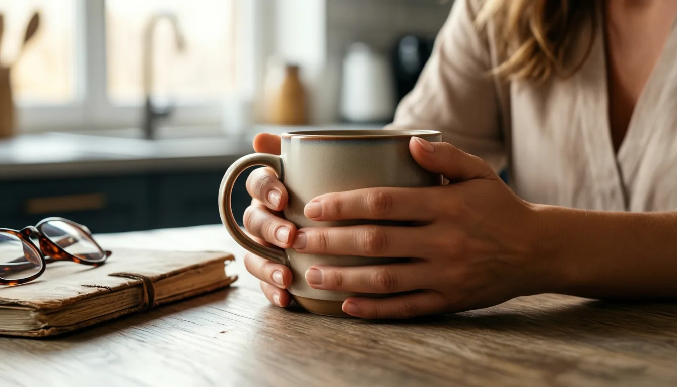 A woman's hands holding a warm mug at a sunlit kitchen table