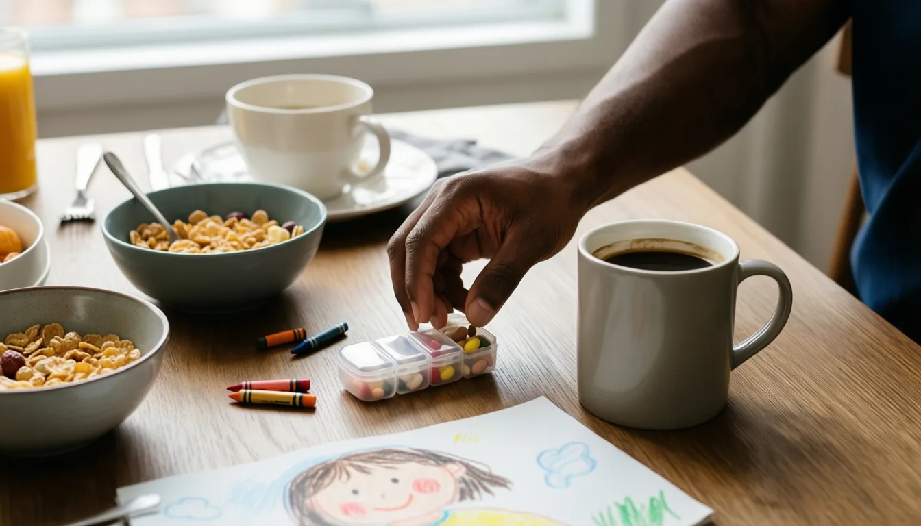 A pill organizer on a busy family breakfast table