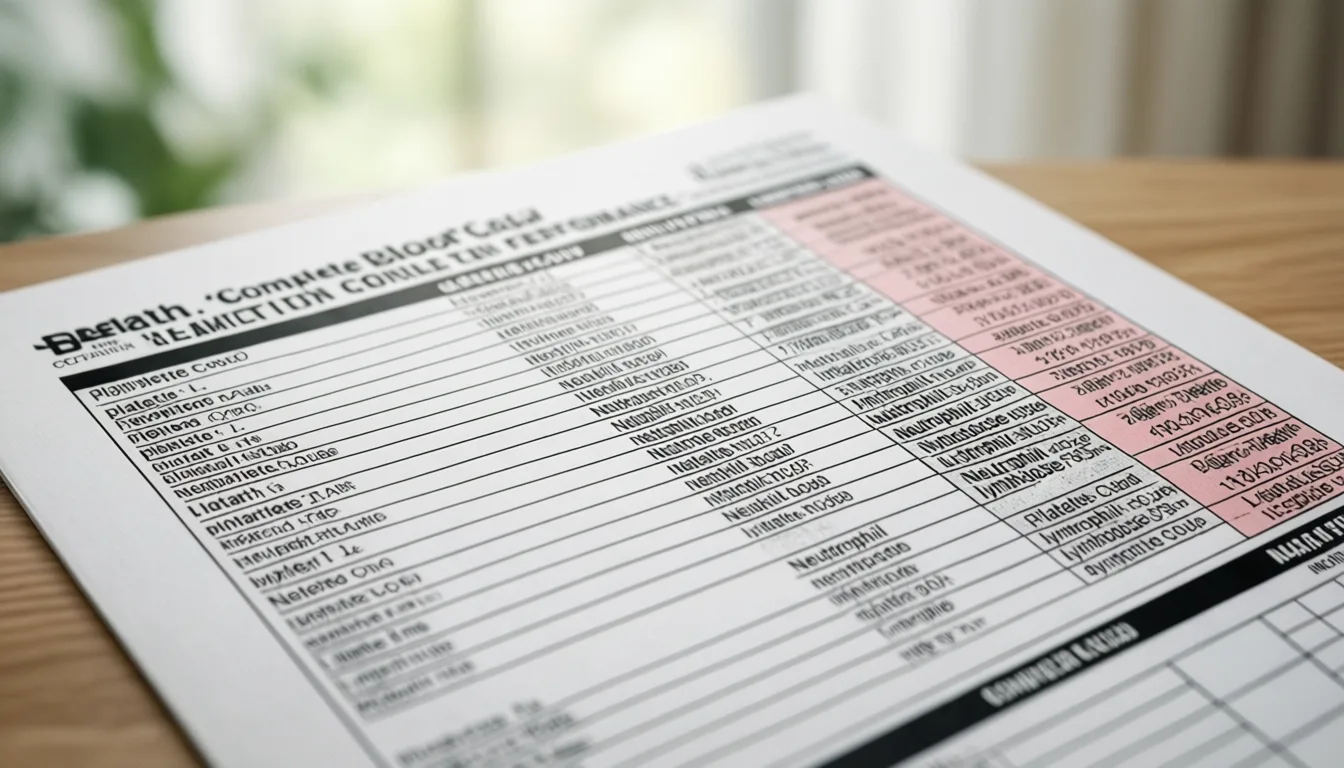 A close-up of a CBC report showing platelet, neutrophil and lymphocyte values