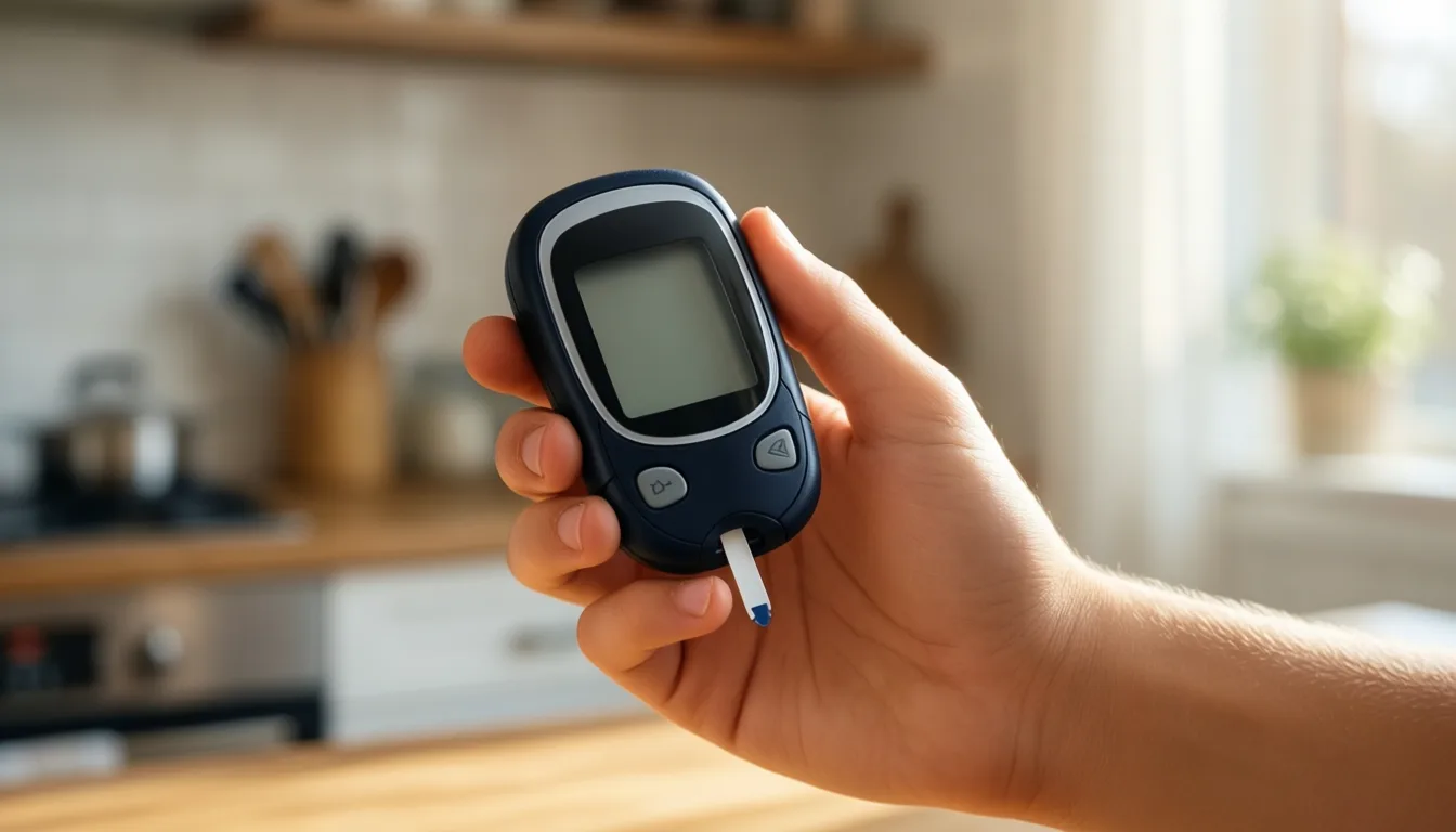 A teenager's hand holding a continuous glucose monitor in soft morning light