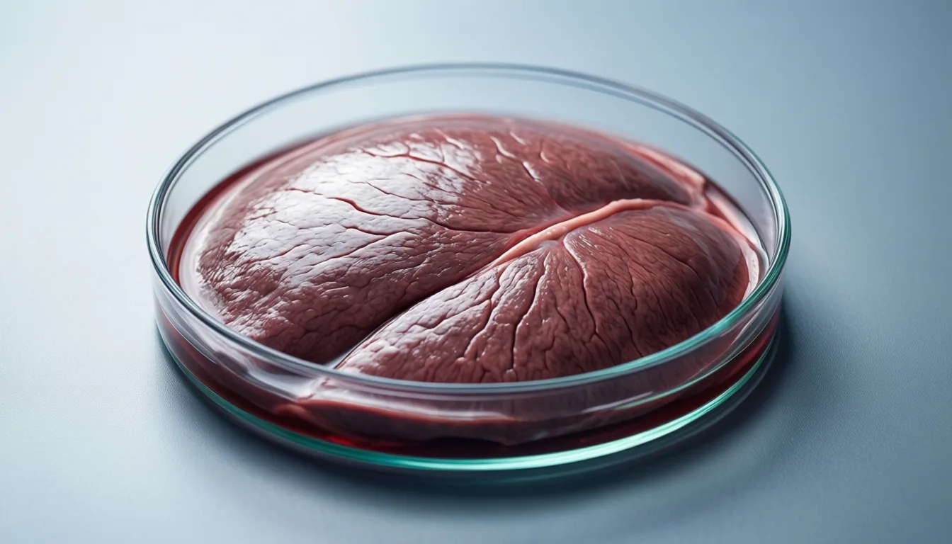 A liver tissue sample in a laboratory petri dish under cool lighting
