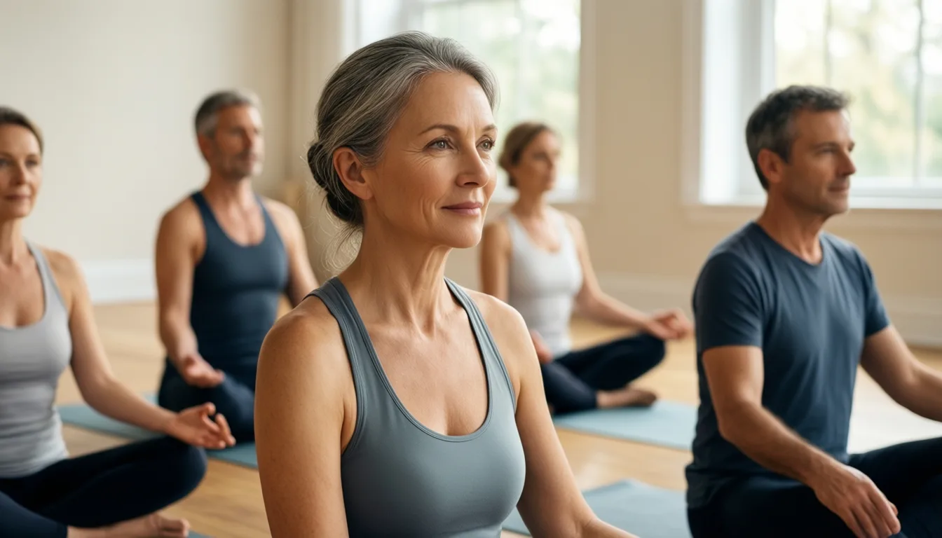 adults in a sunlit yoga class