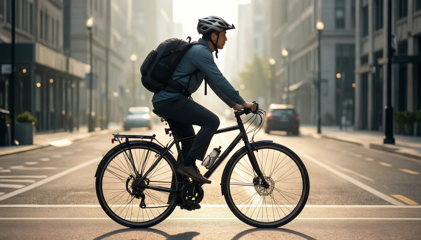 a cyclist commuting at dawn