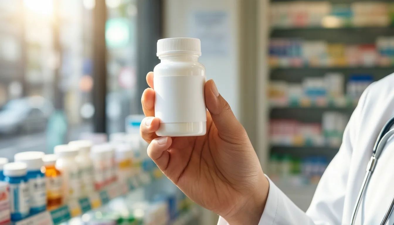 A hand holding a prescription bottle in a Japanese pharmacy