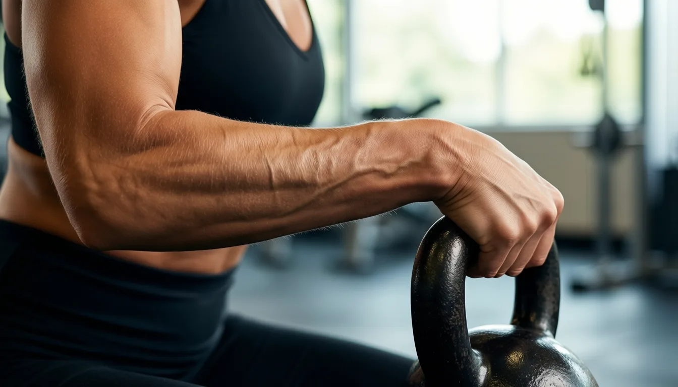 A woman's forearm gripping a kettlebell in a bright gym.