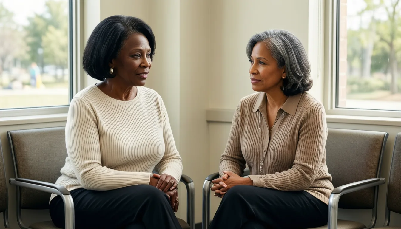 Two older women in a clinic waiting room