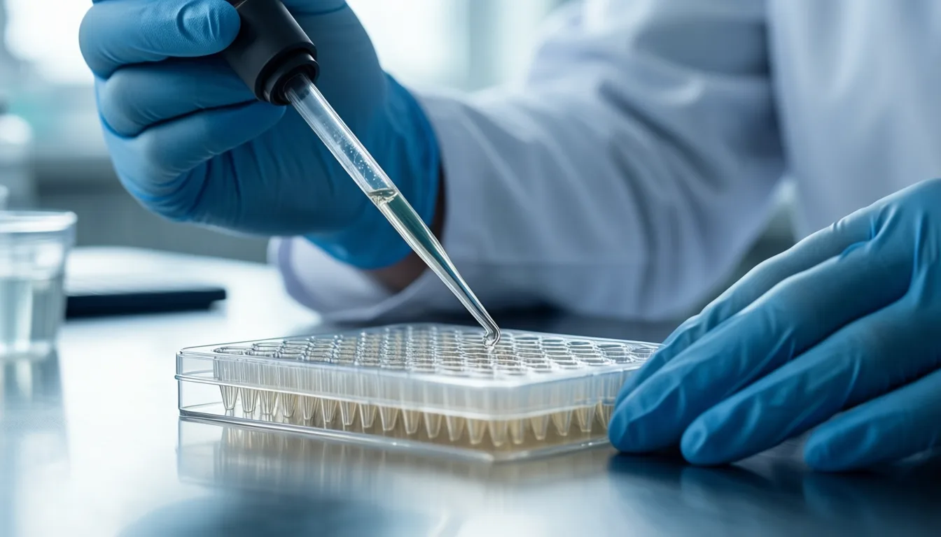 Researcher pipetting samples into an ELISA plate