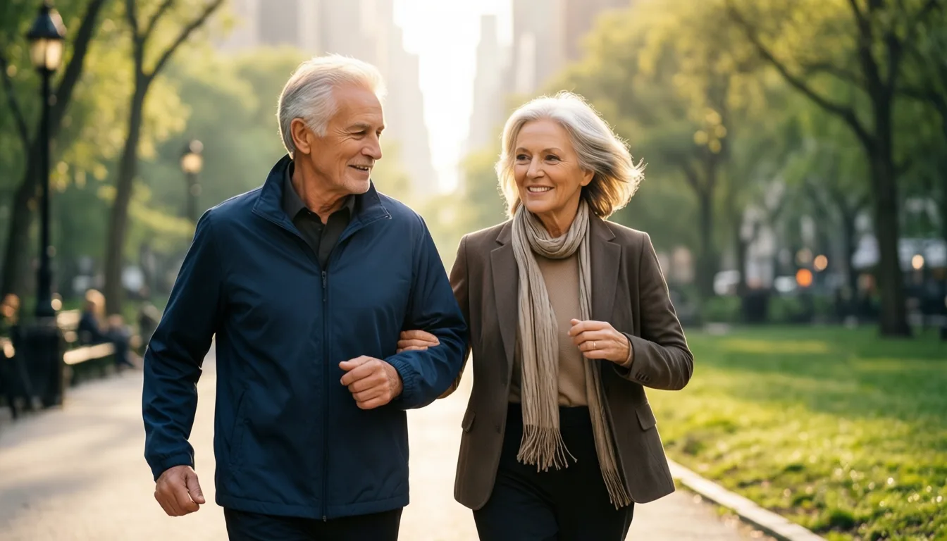 Older couple walking in a park