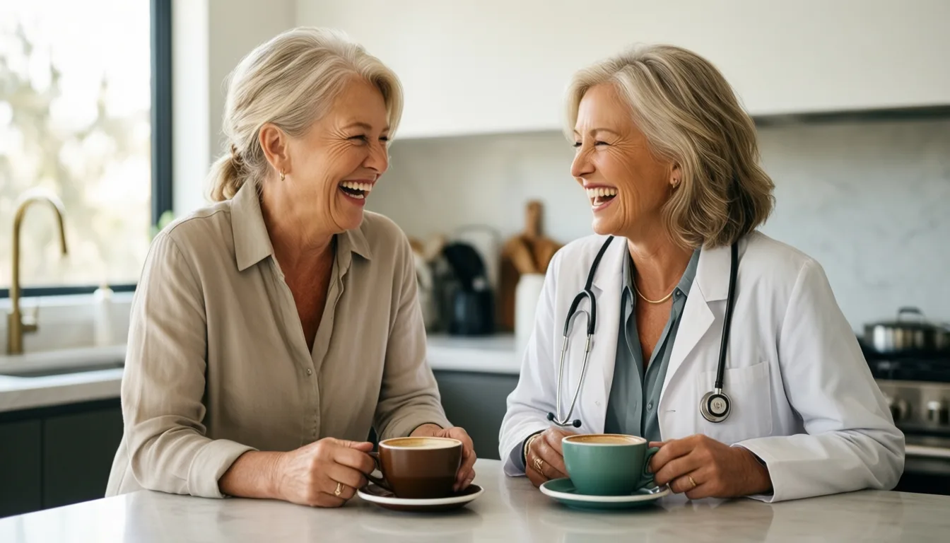 Two older women laughing together over coffee