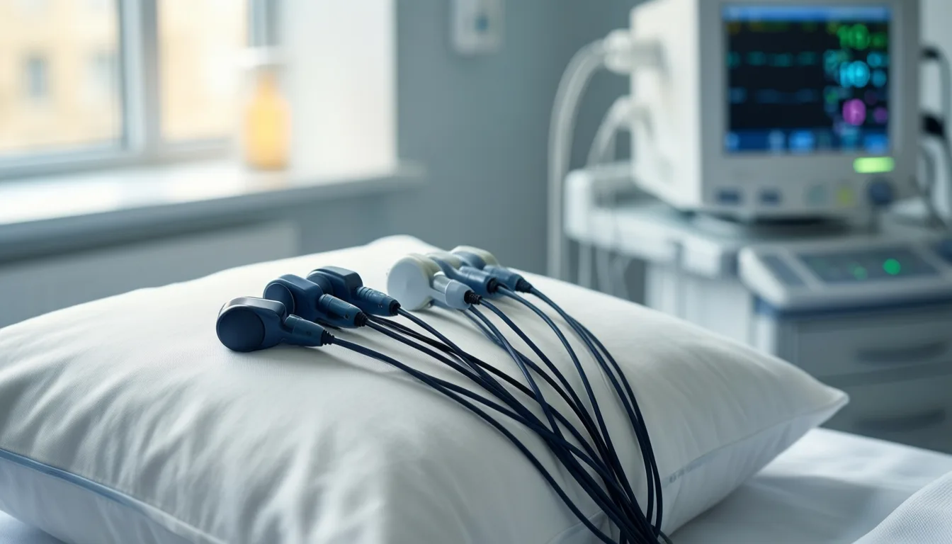Polysomnography sensors arranged on a pillow in a sleep lab
