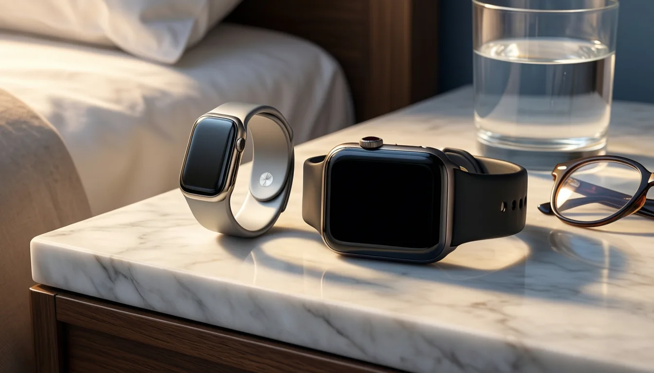 A smart ring and a smartwatch on a bedside table