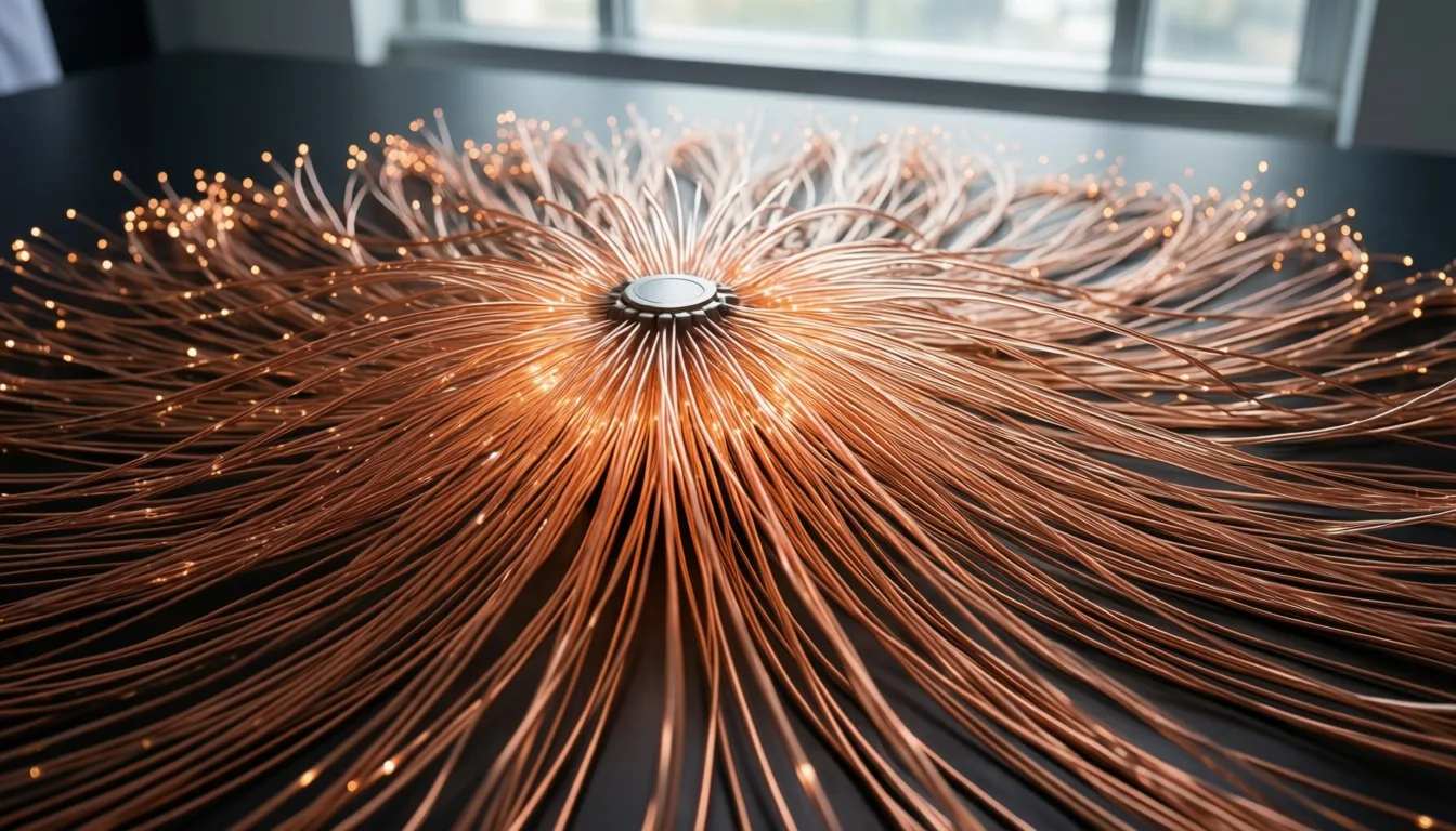Glowing copper fibers radiating from a central node