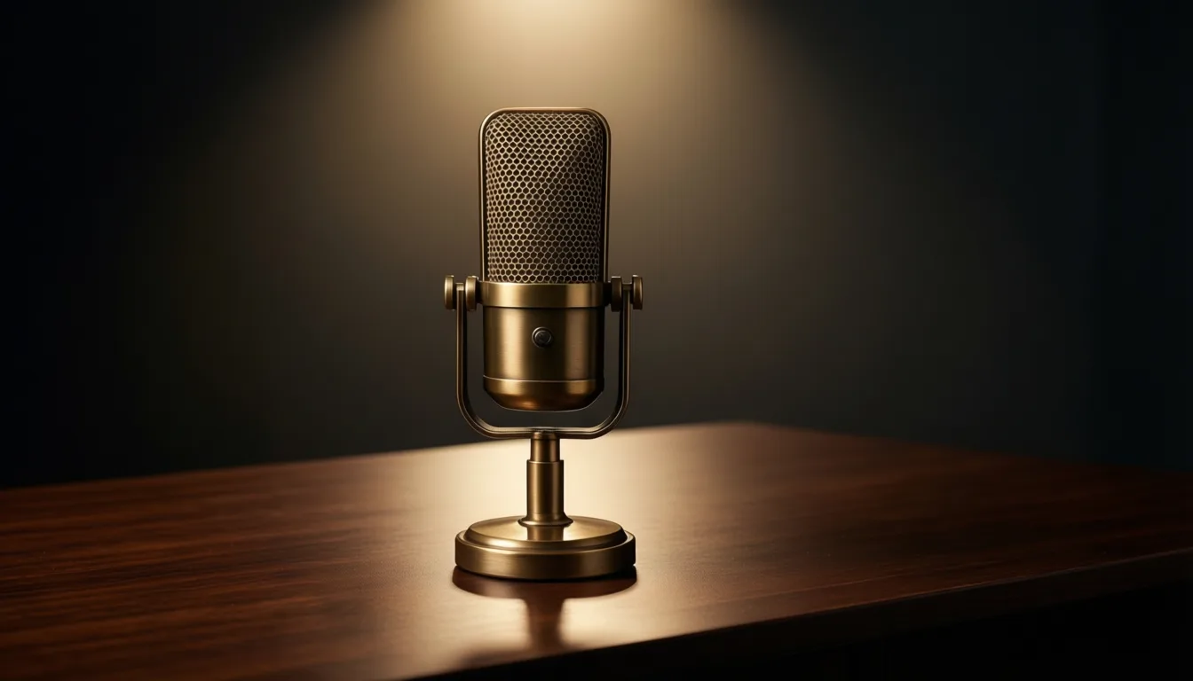 A brass microphone under a warm spotlight