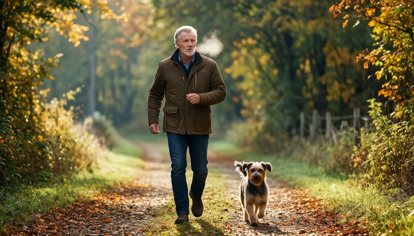 An older man walking briskly on a wooded path in autumn