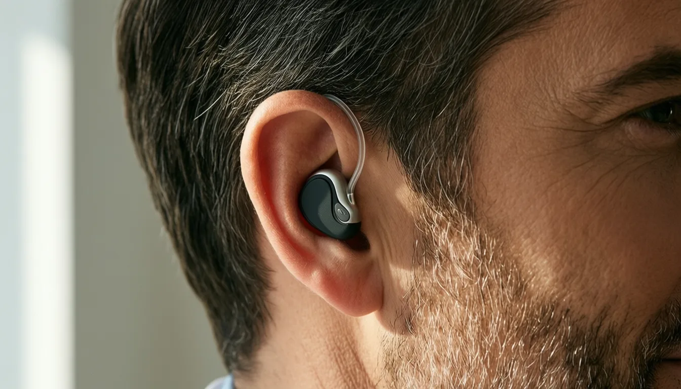 Close-up of an ear with a small modern hearing aid