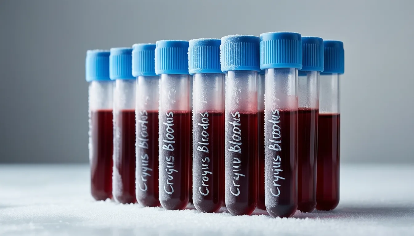 frozen blood sample tubes in a row