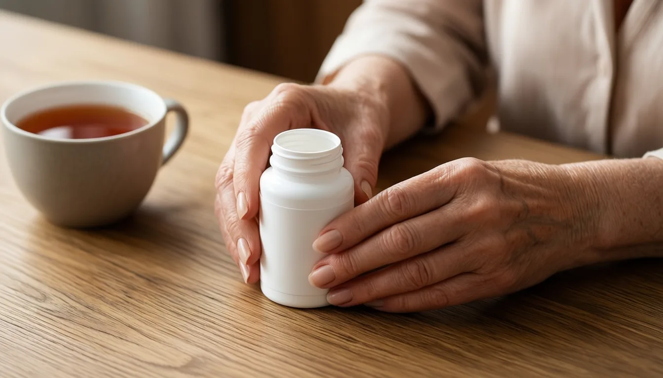 Older woman's hands holding a pill bottle on a kitchen table