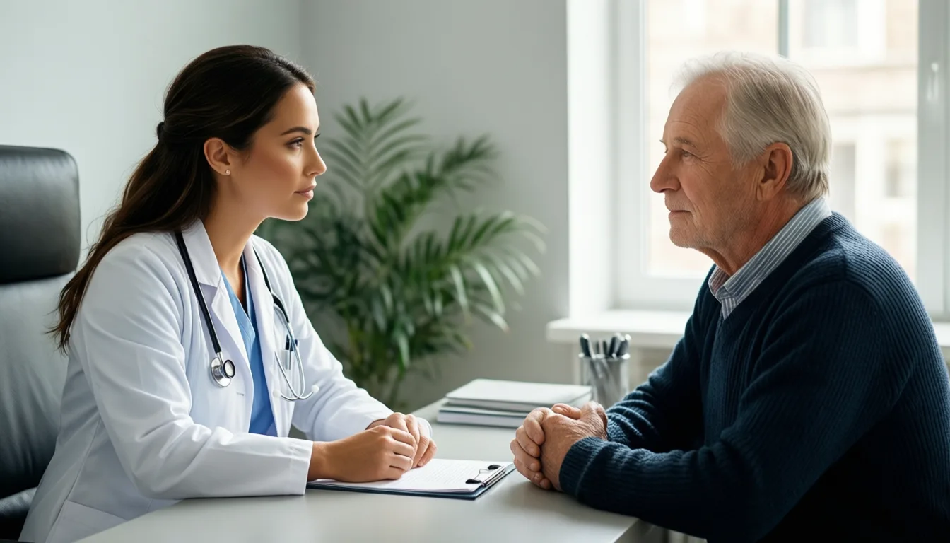 Doctor speaking with an older patient in an office