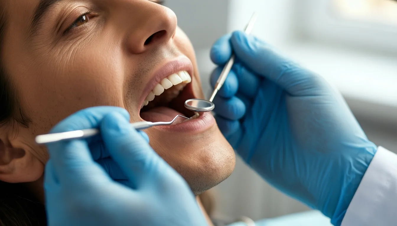 Dentist examining a patient's jaw during a routine check-up