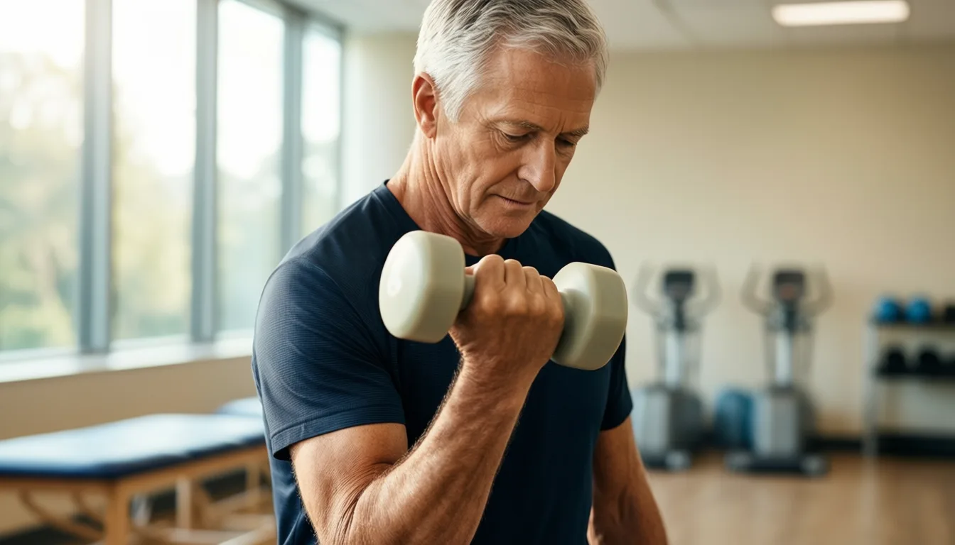 Older adult performing a dumbbell exercise in a bright rehabilitation gym