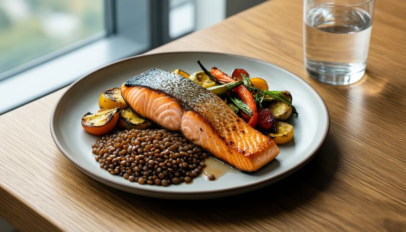 Plate of grilled salmon with vegetables and lentils on a wooden table