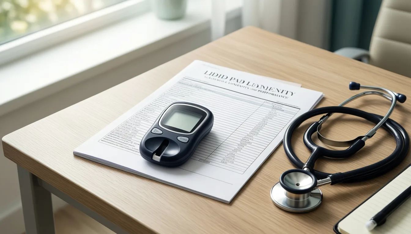 Glucose meter and lipid panel printout on a desk