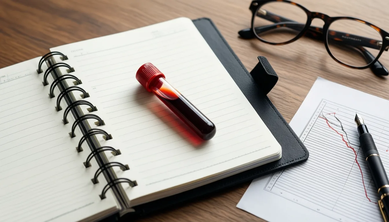 Lab notebook with blood sample and declining trend chart
