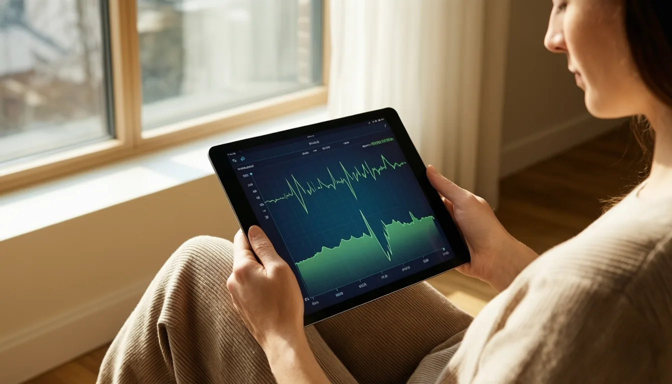 Person at home reviewing vital-sign data on a tablet