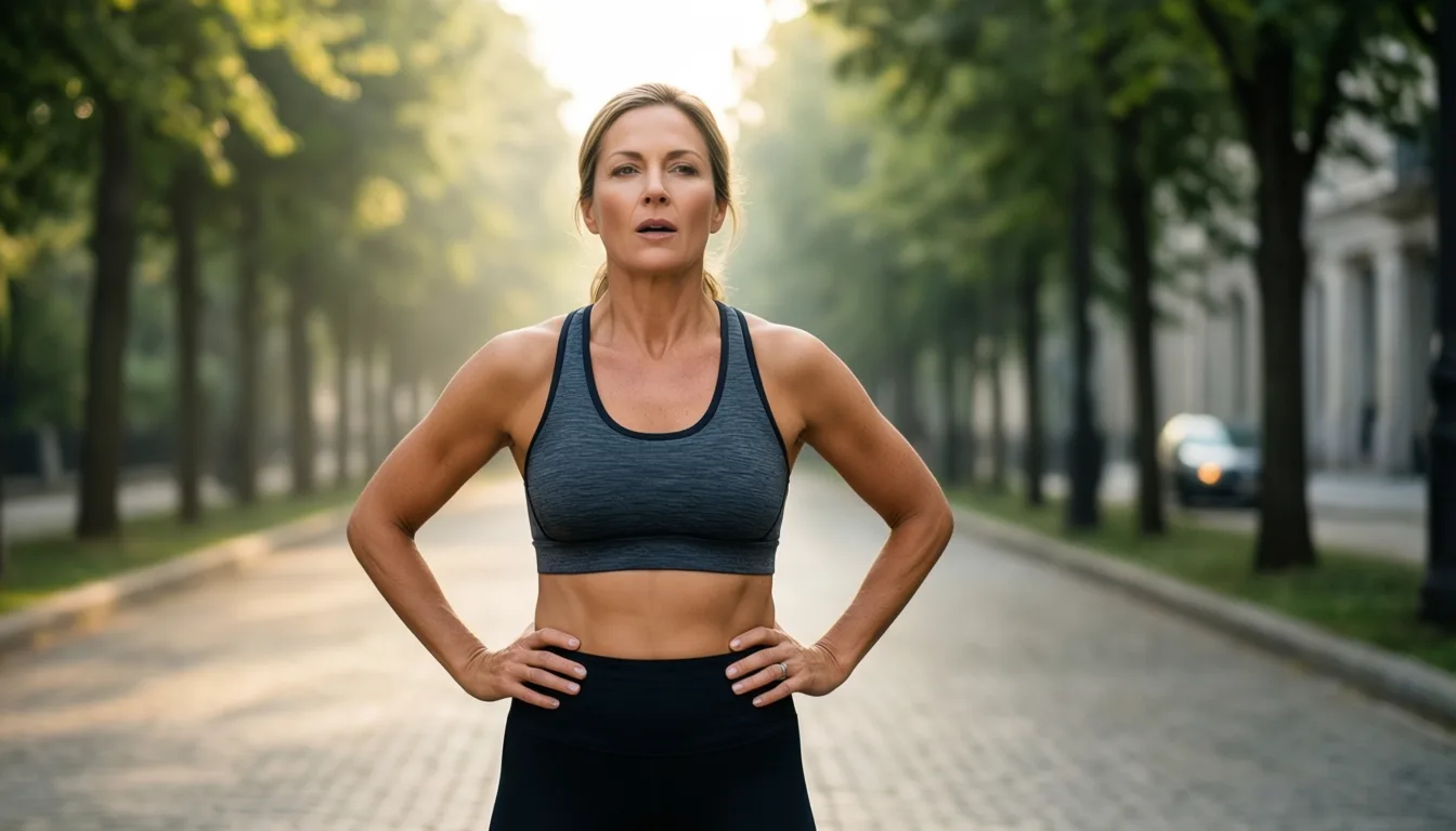 A woman pausing during a morning walk in soft early light