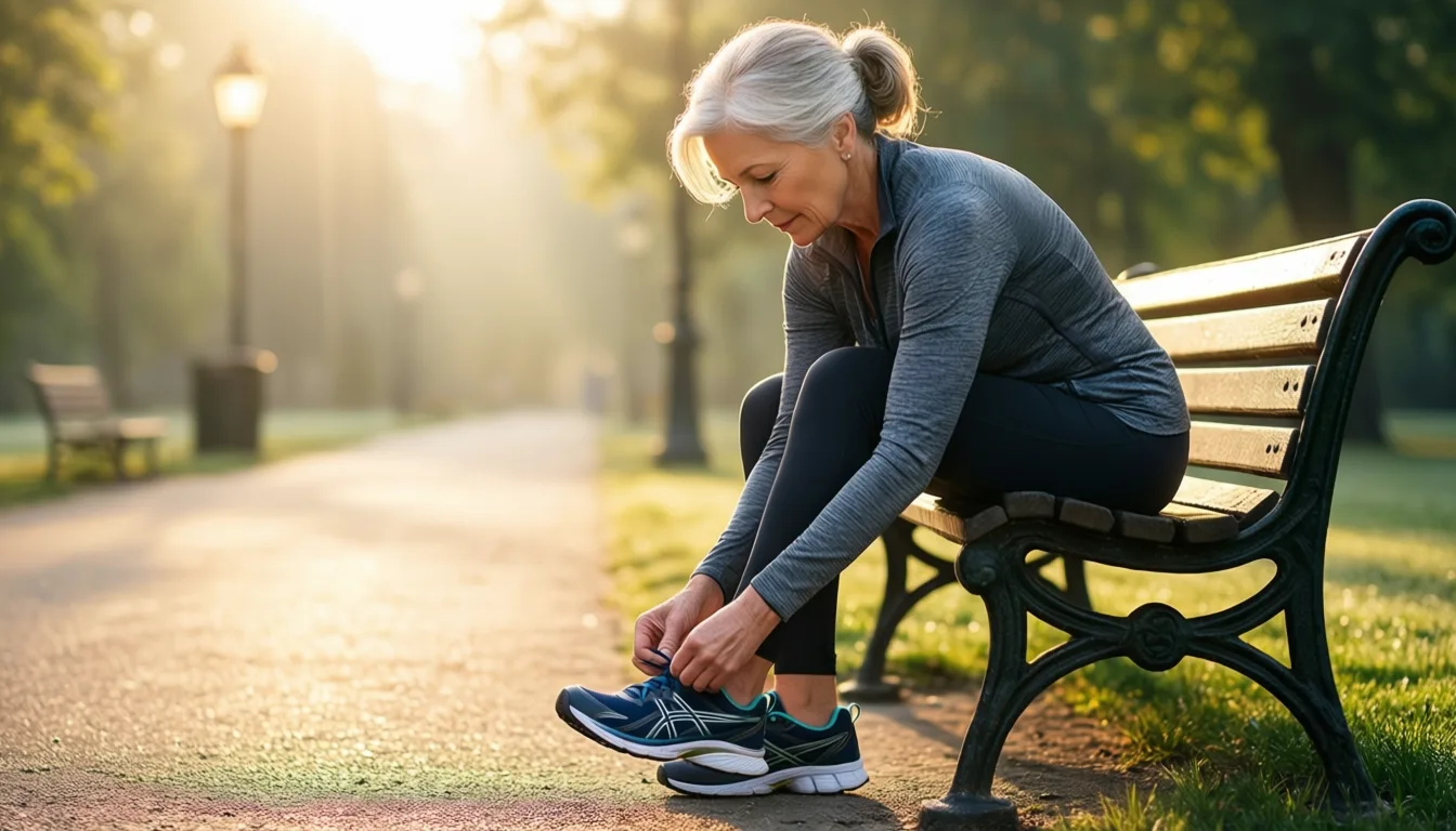 An older woman lacing running shoes outdoors at sunrise