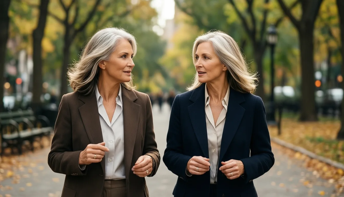 Two women walking and talking in a park