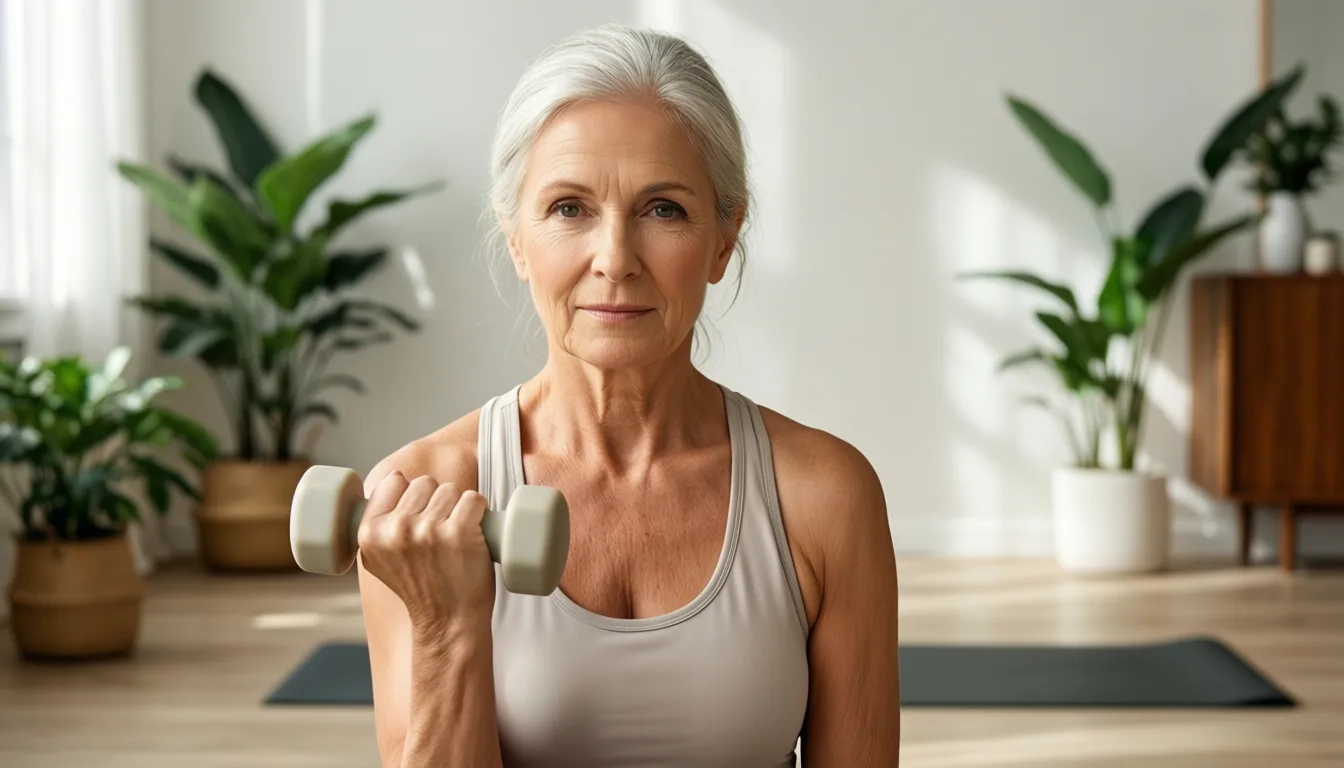 Older woman strength training at home
