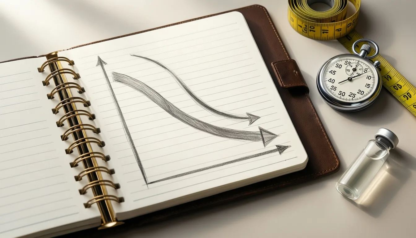 Flat-lay of a notebook with a descending line graph, a tape measure, and a vial