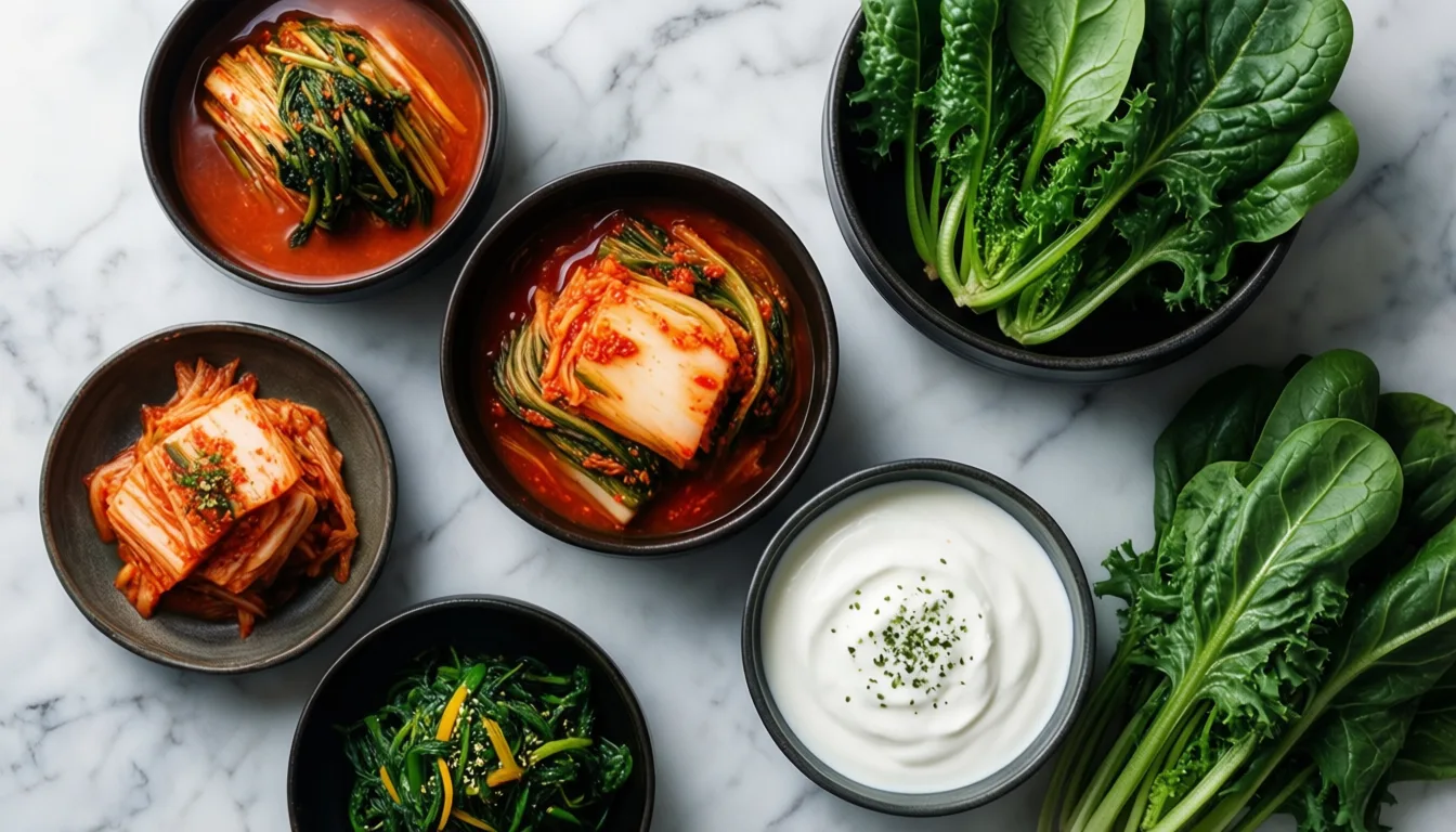 Fermented foods and greens arranged on marble