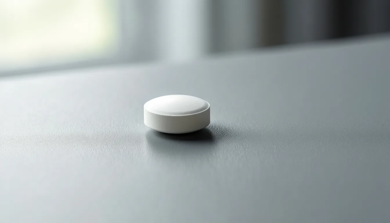 A single small white tablet on a matte surface