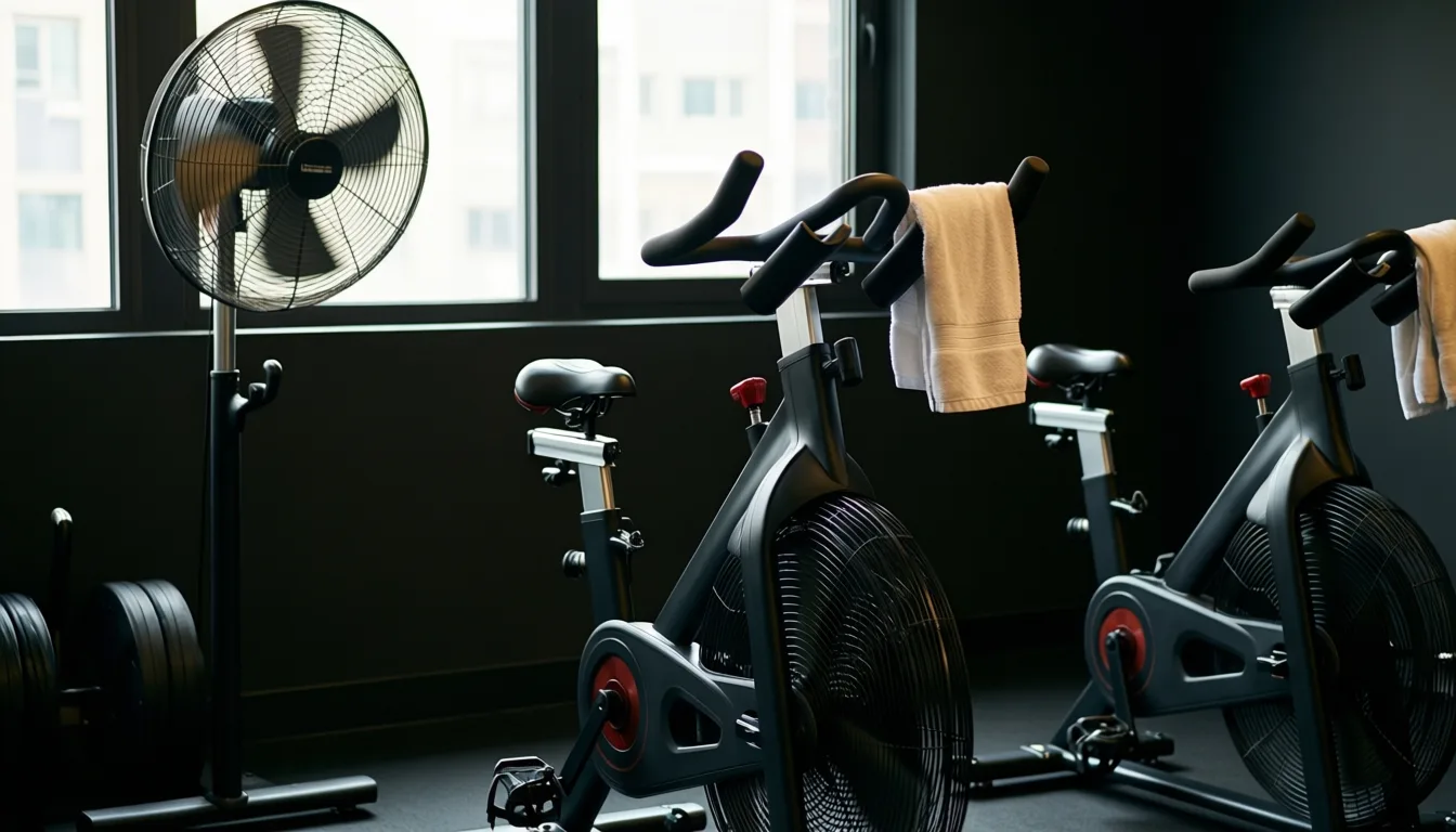 Empty indoor cycling studio after a hard session