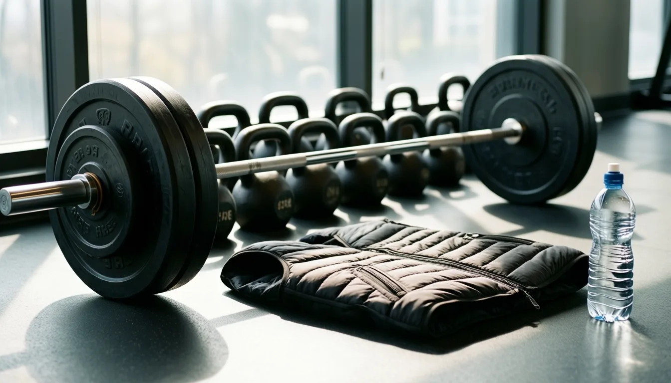 Kettlebells, trap bar, and weighted vest arranged on a gym floor