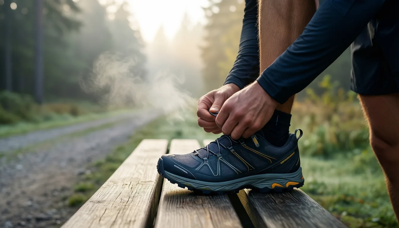 Runner preparing for a cold morning trail run