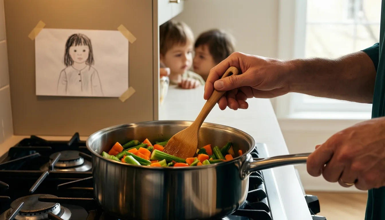 A parent cooking vegetables at home with a child's drawing taped nearby
