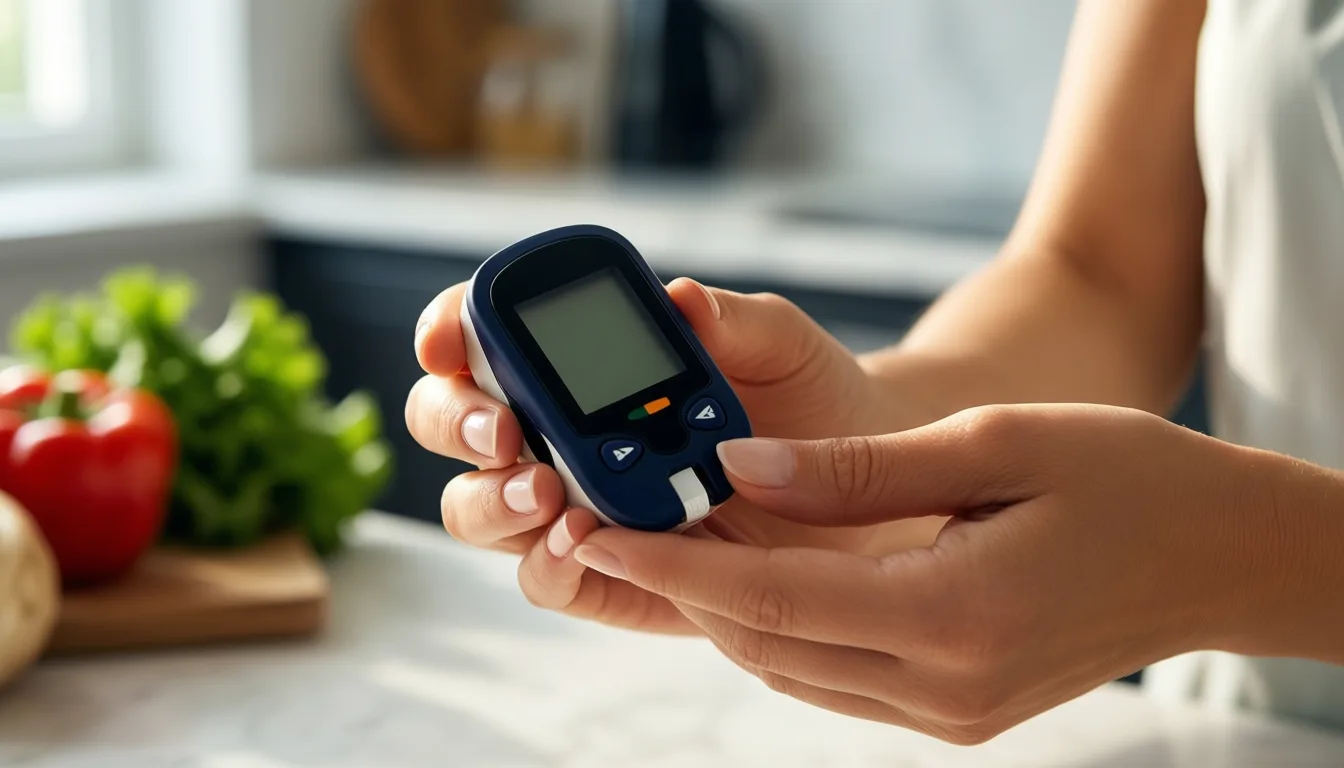 Woman checking a continuous glucose monitor at her kitchen counter
