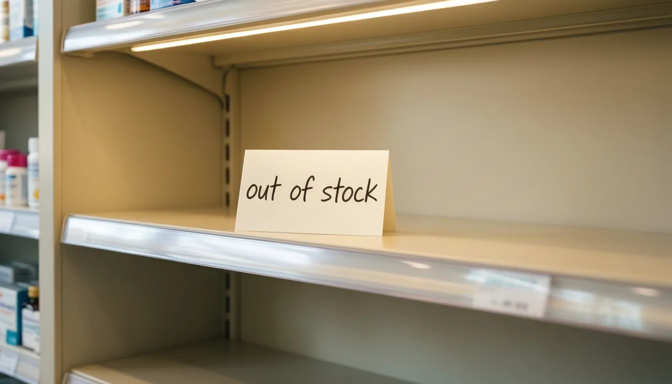 Empty pharmacy shelf with an out-of-stock card