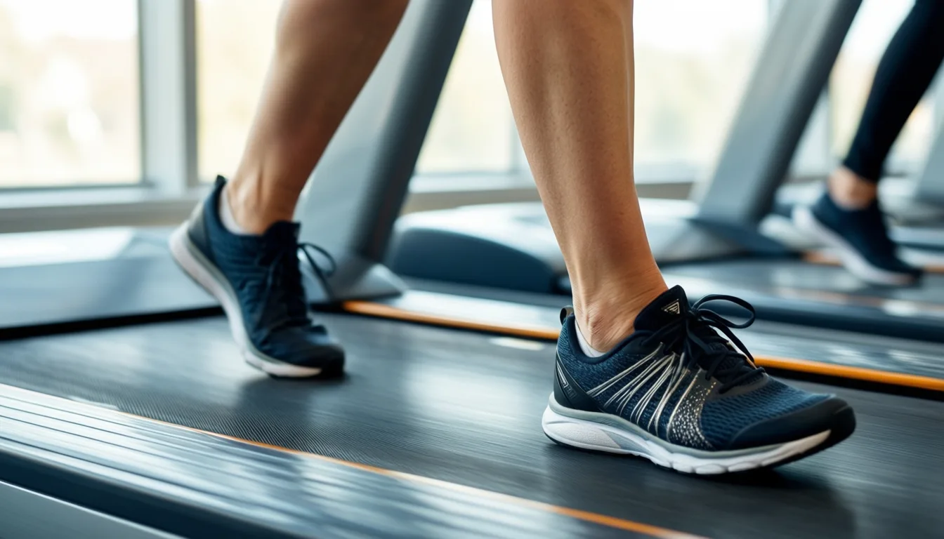 Close-up of older adult's feet mid-stride on a treadmill
