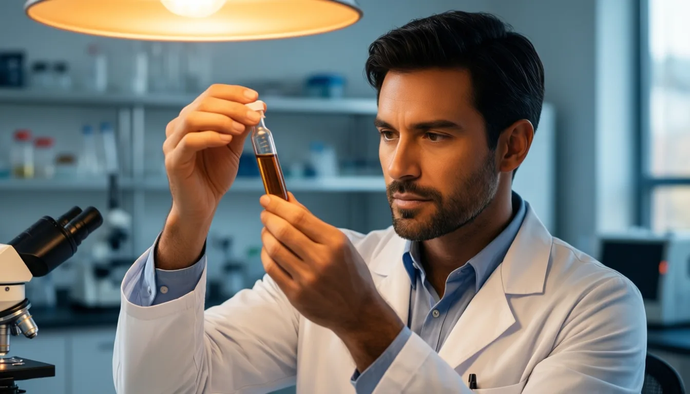 Scientist examining a small vial in a modern laboratory